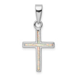 Image of Sterling Silver Rhodium-Plated White Lab-Created Opal Cross Pendant QC9035
