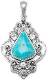 Image of Sterling Silver Simulated Turquoise, Blue Topaz and Marcasite Pendant