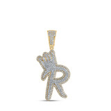 Image of 10kt Yellow Gold Mens Round Diamond R Crown Letter Charm Pendant 1-1/4 Cttw