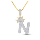 Image of 10kt Yellow Gold Mens Baguette Diamond Crown N Letter Charm Pendant 3/4 Cttw