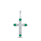 Image of 10kt White Gold Womens Round Emerald Diamond Cross Pendant 1/5 Cttw