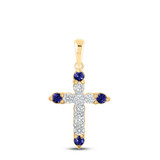 Image of 10kt Yellow Gold Womens Round Blue Sapphire Diamond Cross Pendant 1/4 Cttw