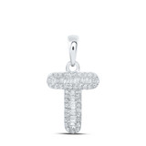 Image of 10kt White Gold Womens Baguette Diamond T Initial Letter Pendant 1/4 Cttw