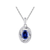 Image of 10kt White Gold Womens Oval Synthetic Blue Sapphire Solitaire Diamond Pendant 1-1/3 Cttw