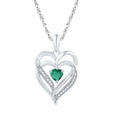 Image of Sterling Silver Womens Round Synthetic Emerald Heart Pendant 5/8 Cttw
