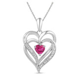 Image of Sterling Silver Womens Round Synthetic Pink Sapphire Double Heart Pendant 3/4 Cttw