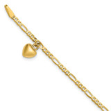 Image of 14K Yellow Gold Figaro Link with Dangling Heart Anklet ANK66-10