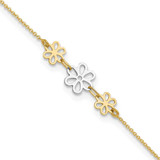 Image of 14K Two-tone Gold Polished Three Flower 9in Plus 1in ext Anklet