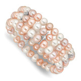 Image of Sterling Silver Rhodium-plated 7-8mm Multi Color Freshwater Cultured Pearl/CZ Flexible Bangle Bracelet