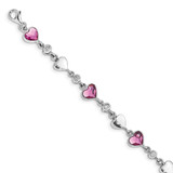 Image of Sterling Silver Rhodium-plated Clear Crystals Pink Heart Crystals and Polished Hearts 6.5 inch Bracelet with 1 inch extension