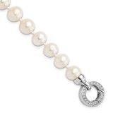 Image of Sterling Silver Rhodium-plated 9-10mm White Freshwater Cultured Pearl CZ Fancy Bracelet