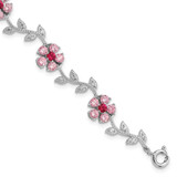 Image of Sterling Silver Rhodium-plated 7.75in Pink and Clear CZ Flower Bracelet