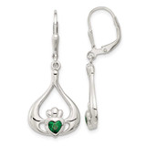 Image of 38mm Sterling Silver Green CZ Heart Leverback Claddagh Dangle Earrings