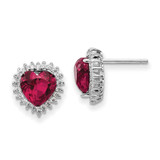 Image of 12.6mm Cheryl M Sterling Silver Rhodium-plated 100 Facet Lab Created Ruby and Brilliant-cut White CZ Heart Halo Post Earrings