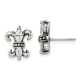 Image of 12mm Stainless Steel Antiqued Polished & Textured w/CZ Fleur de lis Post Earrings