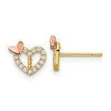 Image of 7.75mm 14k Two-tone Gold CZ Heart w/Butterfly Post Earrings