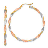 Image of 50mm 14K Yellow Gold White & Rose Rhodium Satin Twisted Hoop Earrings