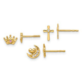 Image of 14K Yellow Gold Polished CZ Moon Cross and Crown Post Earrings Set