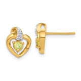 Image of 11mm 14k Yellow Gold .01ctw Diamond & Peridot Birthstone Heart Earrings