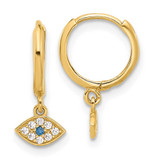 Image of 10k Yellow Gold Polished Clear & Blue CZ Dangle Evil Eye Hinged Hoop Earrings