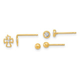 Image of 5.8mm 14K Yellow Gold Polished Set of Ball Post Cross and CZ Bezel 3 Pair Earrings Set