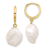 Image of 28.5mm 14K Yellow Gold 11-12mm Keshi White Freshwater Cultured Pearl Dangle Hoop Earrings