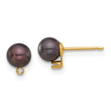 Image of 6.75mm 14K Yellow Gold 5-6mm Round Black Freshwater Cultured Pearl and .02ctw Diamond Post Earrings