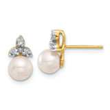 Image of 11.1mm 14K Yellow Gold 5-6mm Round White Freshwater Cultured Pearl and .06ctw Diamond Post Earrings