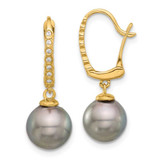 Image of 27mm 14K Yellow Gold 8-9mm Round Black Tahitian Cultured Pearl and .07ctw Diamond Dangle Earrings