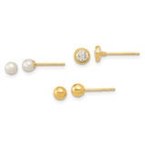 Image of 3.5mm 14K Yellow Gold Polished Set of Ball Post Cultured Freshwater Pearl and CZ Bezel 3 Pair Earrings Set