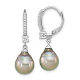 Image of 32.3mm Sterling Silver Rhodium-plated Polished 9-10mm Tahitian Cultured Saltwater Pearl & CZ Leverback Dangle Earrings QE16379