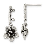 Image of 25.25mm Sterling Silver Oxidized Flower w/Branch Dangle Post Earrings
