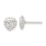 Image of 8.45mm Sterling Silver Polished & Beaded Edge Heart CZ Post Earrings