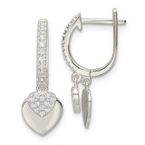 Image of 21.6mm Sterling Silver Polished CZ Dangle Hearts Hinged Hoop Earrings