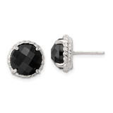 Image of 11.85mm Sterling Silver Polished & Twisted Edge Round Onyx Post Earrings