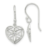 Image of 25.8mm Sterling Silver E-coated with CZ Heart Shepherd Hook Dangle Earrings