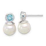 Image of 14.6mm Sterling Silver Polished Blue CZ and 8-8.5mm Glass Pearl Post Earrings