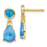 Image of 17.87mm Sterling Silver Gold-tone Created Blue Opal Teardrop Post Dangle Earrings