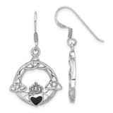 Image of 37.25mm Sterling Silver Rhodium-plated Polished Black Onyx Claddagh Dangle Earrings