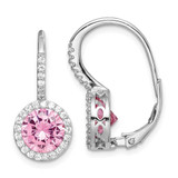 Image of 21.65mm Sterling Silver Rhodium-plated Polished Pink & White CZ Halo Leverback Earrings