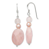 Image of 43mm Sterling Silver Polished Rose Quartz & Pink Freshwater Cultured Pearl Dangle Earrings