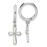 Image of 124.15mm Sterling Silver Rhodium-plated Polished CZ & White Enamel Passion Cross Dangle Round Hoop Earrings