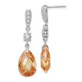 Image of 37mm Sterling Silver Rhodium-plated Polished & Textured Champagne & White CZ Teardrop Post Dangle Earrings