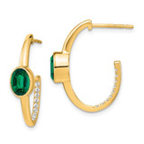 Image of 24.2mm 14K Yellow Gold Oval Created Emerald and Diamond J-Hoop Earrings