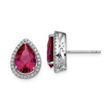 Image of 14mm Sterling Silver Rhodium-plated Polished Clear CZ and Lab Created Ruby Pear Post Earrings