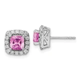 Image of 9mm 14K White Gold Lab Grown Diamond and Created Pink Sapphire Halo Post Earrings