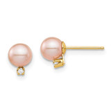 Image of 7.23mm 14K Yellow Gold Madi K 5-6mm Pink Round Freshwater Cultured Pearl .02ctw Diamond Post Earrings