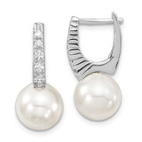 Image of Majestik Sterling Silver Rhodium-plated 10-11mm White Simulated Pearl CZ Hinged Post Dangle Earrings