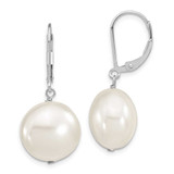 Image of 34mm Majestik Sterling Silver Rhodium-plated 14-15mm Coin White Simulated Pearl Leverback Dangle Earrings
