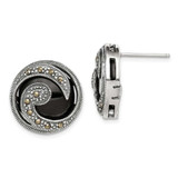 Image of 18mm Sterling Silver Antiqued Onyx & Marcasite Round Wave Post Earrings